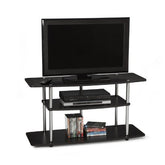 A black TV stand featuring a DVD player and a collection of DVDs arranged neatly on the shelves.